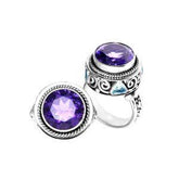 Handmade sterling silver Amethyst Quartz & Blue Topaz Quartz ring with rope bezel, swirl details, and accent stones, artisan Bali jewelry.